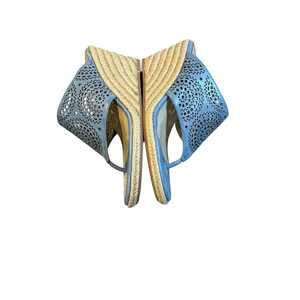 Johnston & Murphy Wedge Sandals Womens 8‎ Blue Laser Cut Espadrille Thong Mules
